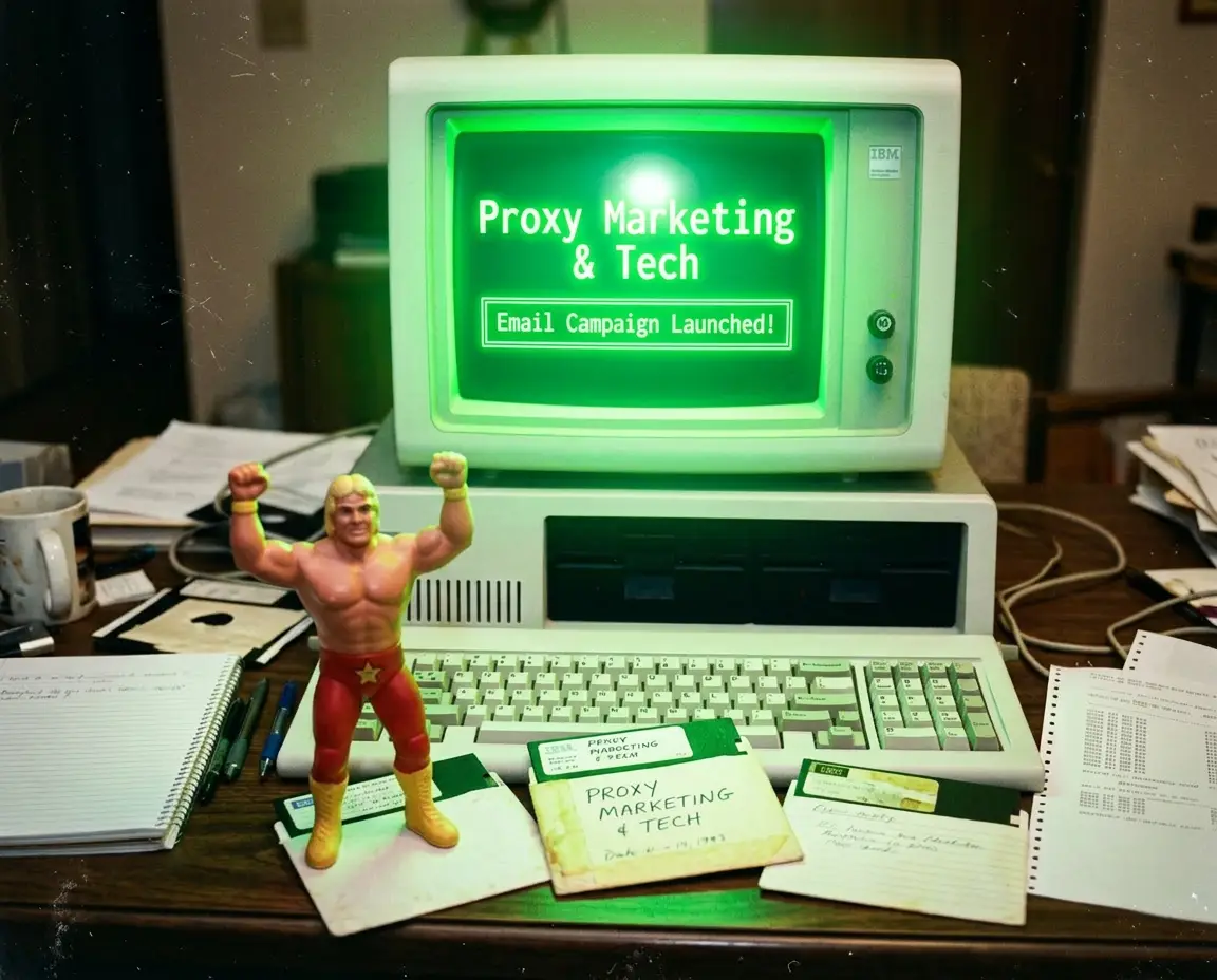 A classic pro wrestling action figure poses in front of a retro computer